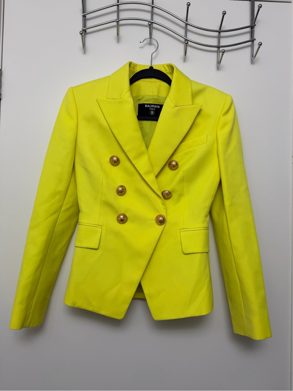 Balmain Neon Yellow Double-Breasted Blazer with Gold Buttons
